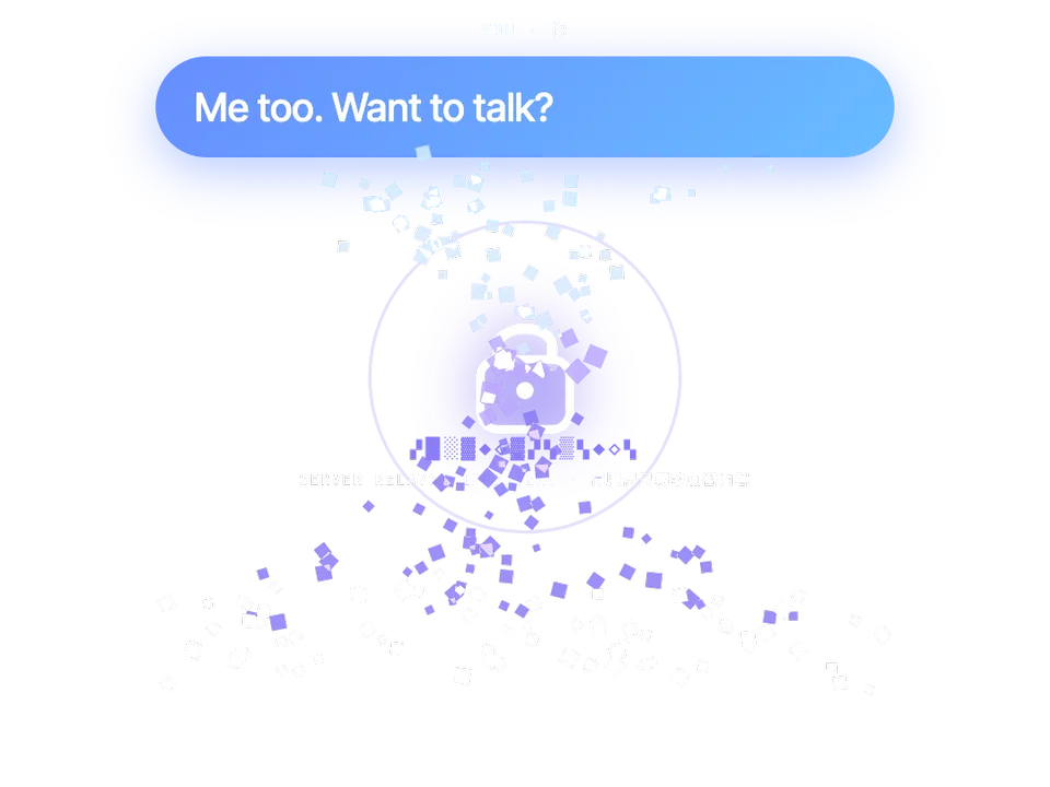 The reply “Me too. Want to talk?” turning into encrypted blocks as the padlock closes