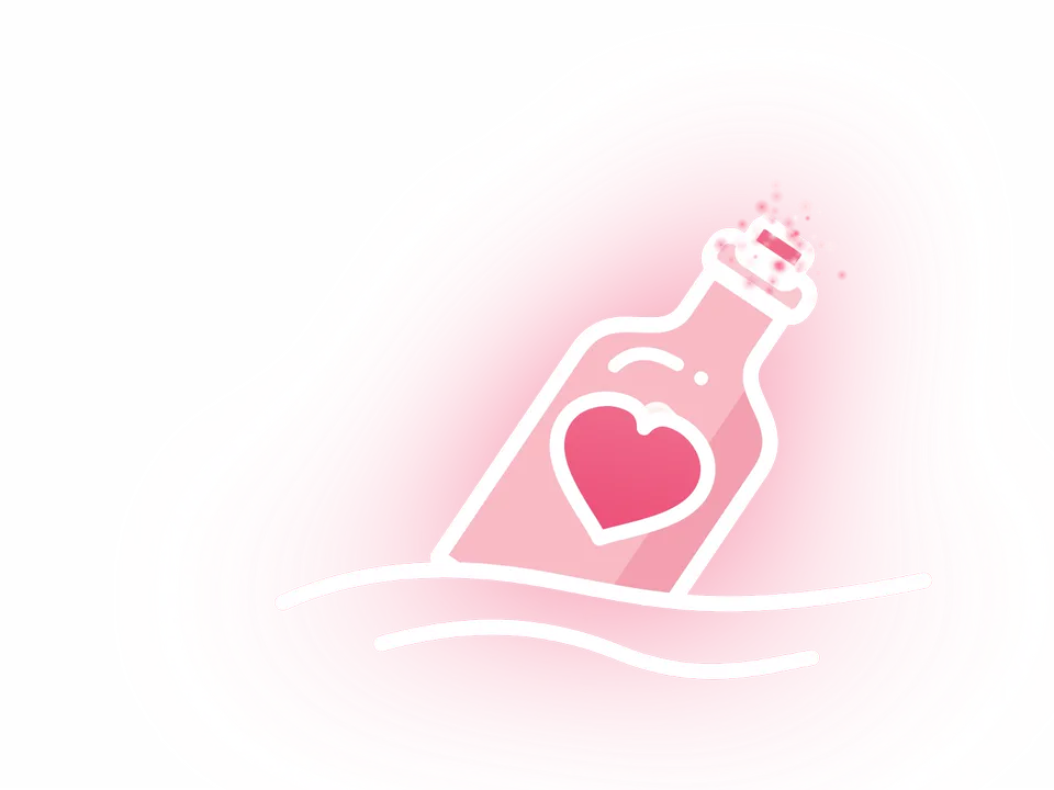 A corked pink bottle with a heart inside, floating on the waves